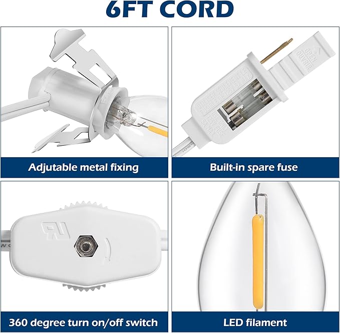 Feekoon 8 Packs 6ft Village Light Cord with 1W C7 LED Bulb, Salt Lamp Cord with ON/Off Switch and 2 Spare Fuses, Blow Mold Light Ideal for Christmas Village House Craft Decorations - Bloomnest