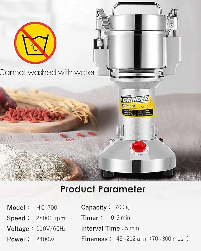 CGOLDENWALL Safety Upgraded Electric Grain Grinder Mill High-speed Dry Spice Herb Mill Grinding Machine with 2400W Commercial Motor Overload Protection CE 110V (700g Hand-held Type) - Bloomnest