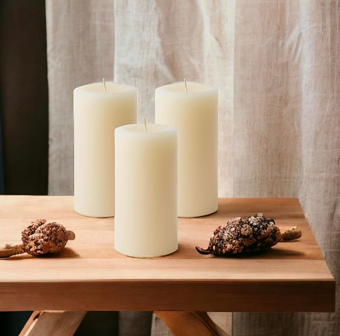 Mister Candle Dripless Vanilla Scented Ivory Pillar Candles Set of 3, Hand Made Vanilla Pillar Candles with Essential Oils for Home Decor, Premium Wax, 80 Hr Burn Time (3x6 inch) - Bloomnest