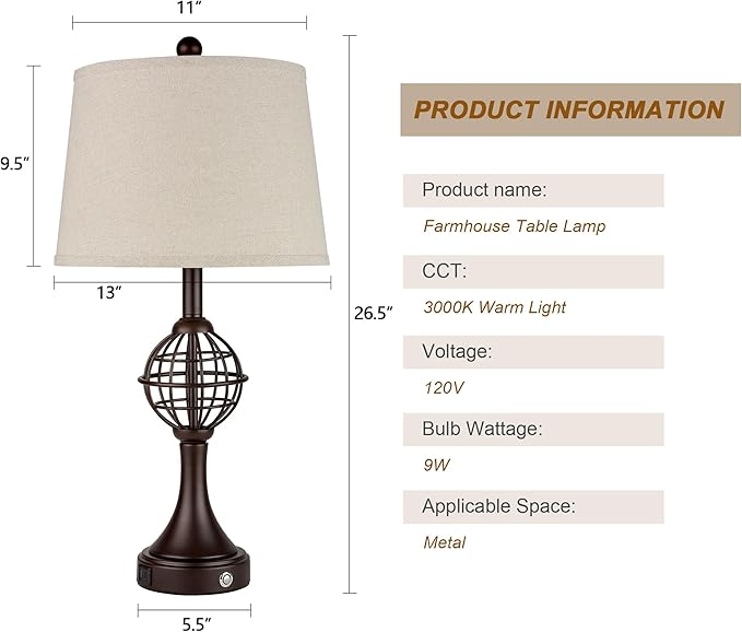 Table Lamps for Living Room Set of 2, Farmhouse Touch Lamps for Nightstand with USB A+C, 26.5" Rustic Bedside Lamp for Bedroom End Tables - Bloomnest