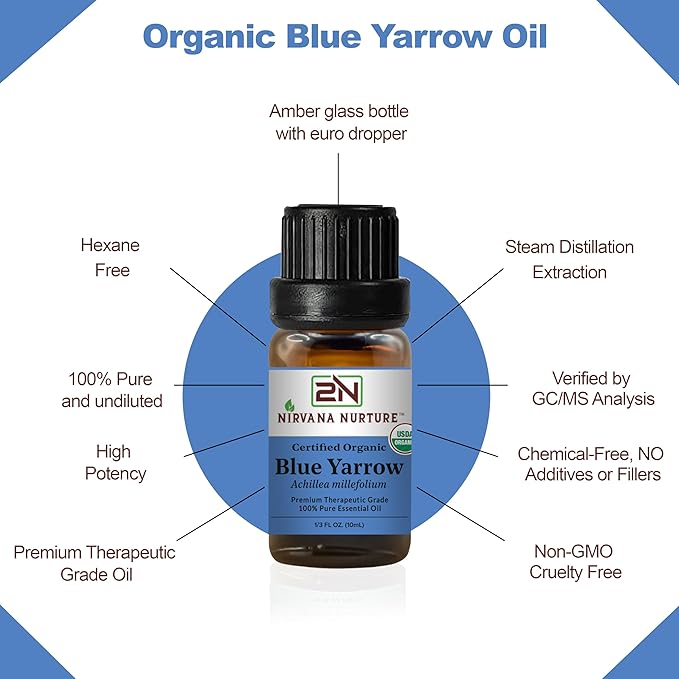 Blue Yarrow Essential Oil, USDA Certified Organic, 100% Pure Undiluted, Aromatherapy Oil for Diffuser, Hair & Skin Care NirvanaNurture