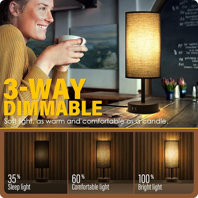 Yarra-Decor Bedside Lamps with USB Port - Touch Control Table Lamp for Bedroom 3 Way Dimmable Nightstand Lamp Set of 2 with Round Black Fabric Shade for Living Room, Dorm, Home Office (Black, 2 Pack) - Bloomnest
