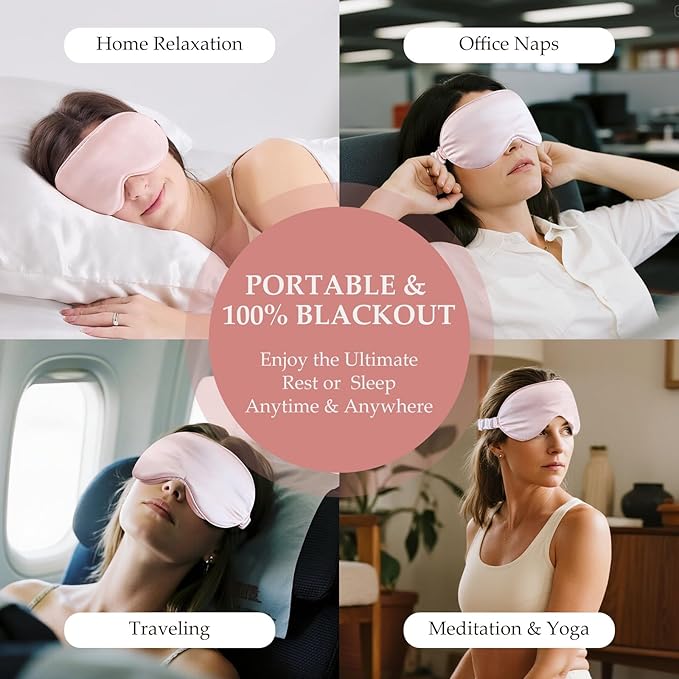 100% 22 Momme Mulberry Silk Sleep Mask with Adjustable Strap, 3D Contoured Cup Silk Eye Mask for Sleeping, Total Black Out, Pink - Bloomnest