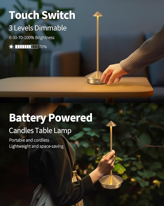 Modern Cordless Table Lamp Set of 2, Portable LED Desk Lamps, 5000mAh Rechargeable Battery Operated Lighting for Bedroom Dining Room Restaurant Coffee Shop Camping Night Light (Gold) - Bloomnest