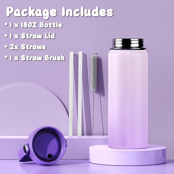 18oz Kids Insulated Water Bottle with Straw Lid - 18/8 Stainless Steel Kid Cup BPA-FREE Travel Tumbler Double Wall Vacuum Leak Proof Portable Toddler Water Bottle (Purple） - Bloomnest
