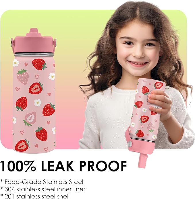 16oz Insulated Water Bottle with Handle & Flip Straw Strawberry-Themed Tumbler, Stainless Steel Heart-Shape Themed Mugs, Gifts for Girls Coworkers, Friend, Travel Cup - Bloomnest