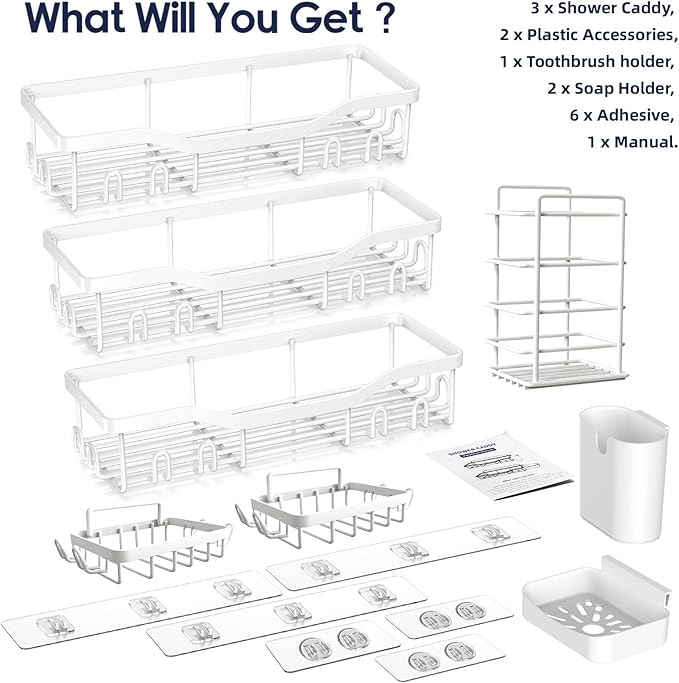 Shower Caddy Adhesive Shower Organizer 8-Pack, Rustproof Stainless Steel Bathroom Shelves, Large Capacity No-Drill Rack Storage Accessories with Soap Dish Toothbrush Holder Hooks - Bloomnest
