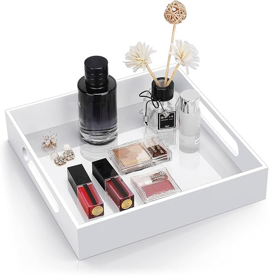 Home Decorative Coffee Table Tray, 10"x10" Elegant Acrylic Serving Trays with Handles Works for Eating, Breakfast, Makeup Drawer Organizer,Bathroom Vanity Table,Ottoman Tray, White - Bloomnest