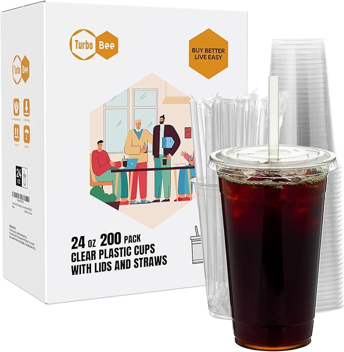 Turbo Bee 200 Sets 24 OZ Clear Plastic Cups with Lids and Straws, Disposable To Go Iced coffee cups with lids for Cold Drinks, Smoothie, and Slushie - Bloomnest