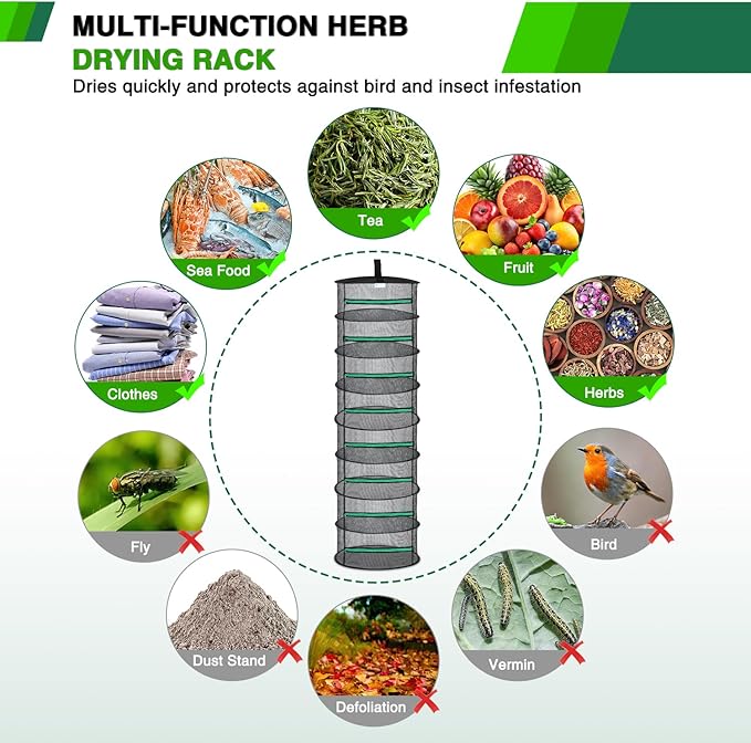 Yesker 8 Layer Herb Drying Rack Hanging Mesh Net Foldable Plant Drying Racks 24" Diameter with Green Zipper & Hook Dryer Hanging Rack for Herbs Seed Bud Fruit Clothes Grow Tent Closets Garden Outdoor - Bloomnest