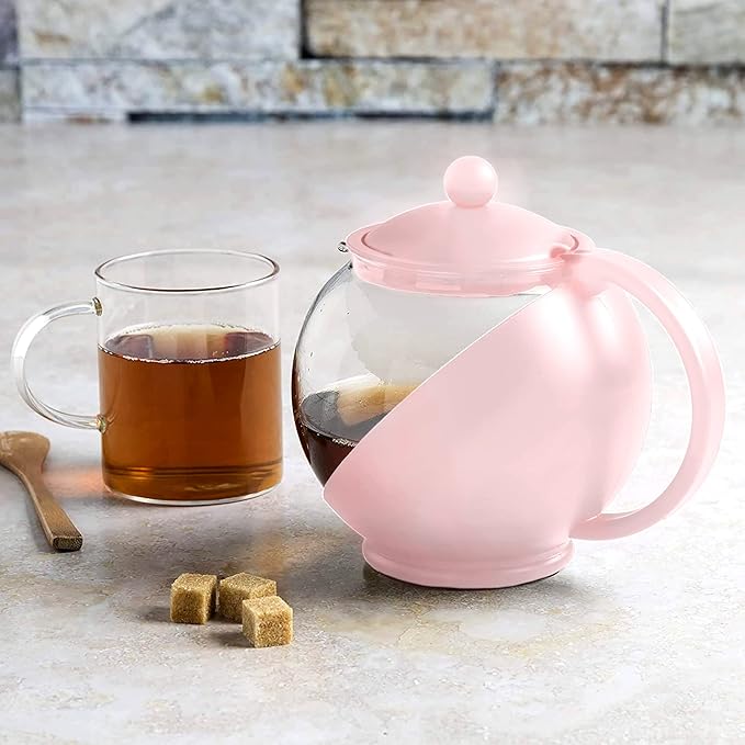 Primula Half Moon Teapot with Removable Infuser, Glass Tea Maker with Reusable Fine Mesh Stainless Steel Filter, Dishwasher Safe, 40-Ounce, Pink