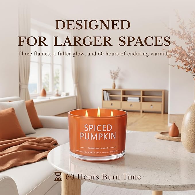 Pumpkin Spice Fall Candle, Large 3 Wick 12oz Luxury Candle, Elegant Autumn Gift for Women & Men, 60+ Hour Burn Time & Non-Toxic, Cozy Fall & Halloween Home Decor - Bloomnest