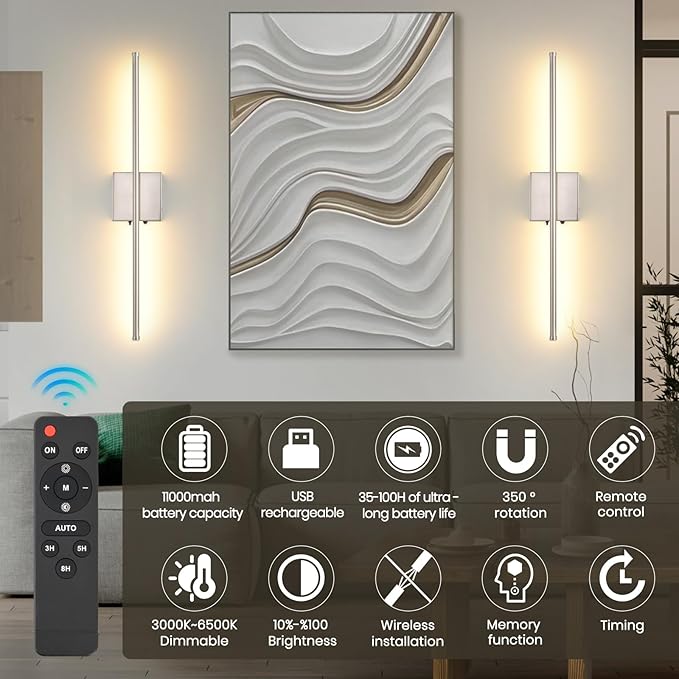 Wireless Battery Operated Wall Sconces, 11000mAh Rechargeable Brushed Nickel Wall Light with Remote Control, 350°Rotate Dimmable Wall Lamp, 3 Color Temperatures, for Bedroom Living Room Hallway, 1 PCS - Bloomnest