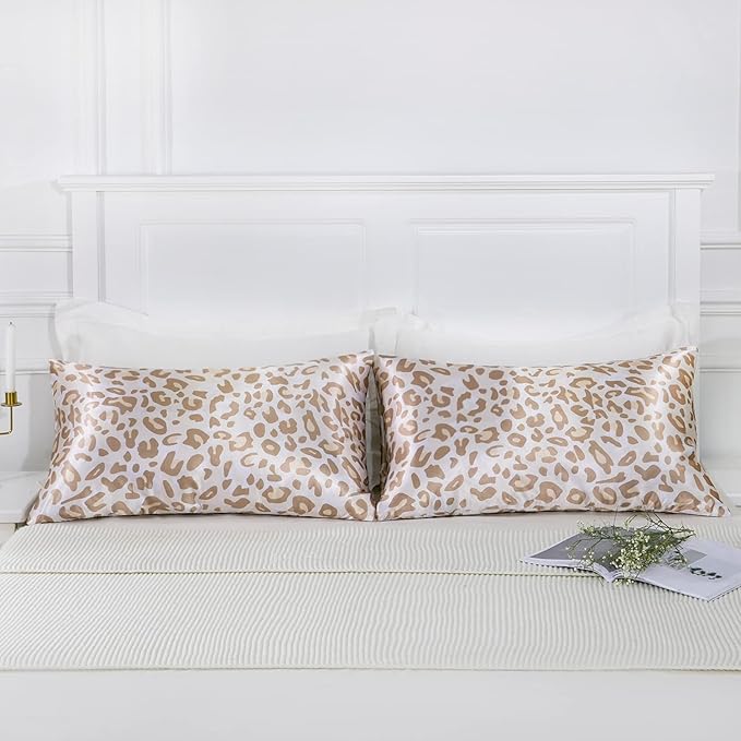 MR&HM Satin Pillowcase for Hair and Skin, Silk Satin Pillowcase 2 Pack, King Size Pillow Cases Set of 2, Silky Pillow Cover with Envelope Closure (20x36, Champagne Leopard) - Bloomnest