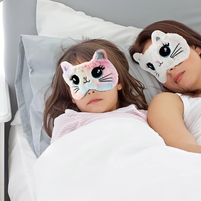 3 Pieces Sleep Mask for Kids, Girls Plush Sleeping Eye Cover Soft Eye Blindfold Cover Animal Shade for Kids(Colorful,Cat Style) - Bloomnest