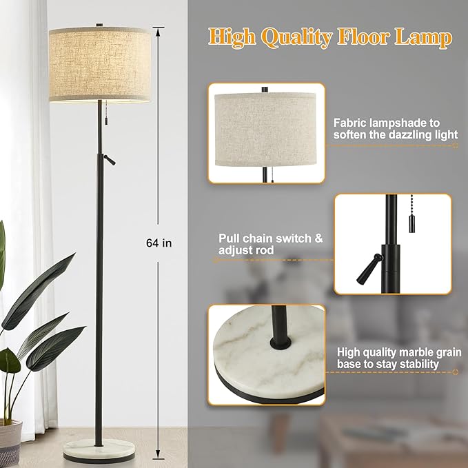 GyroVu Marble Floor Lamp, Adjustable Height Standing Lamp with Marble Base Tall Lamp with Pull Chain Switch Floor Lamps for Living Room, Bedroom & Office Bulbs Not Included(Black) - Bloomnest
