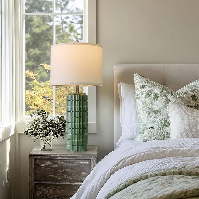 PoKat 27.5" Dark Green Ceramic Table Lamps for Living Room, Farmhouse Table Lamps Set of 2 for Bedroom Night Stands, Modern Bedside Lamps for End Side Table, Vintage Nightstand Decor Lamps Home Office - Bloomnest