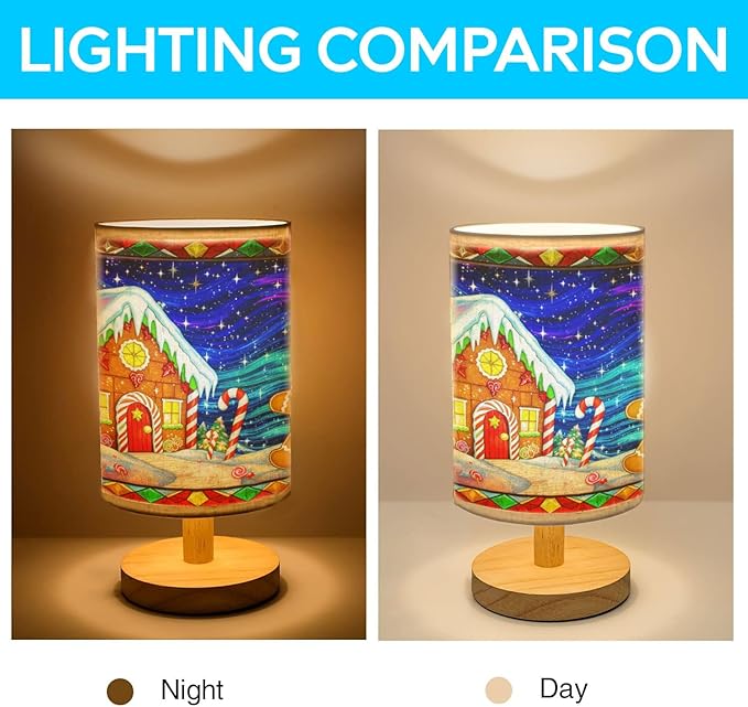 Gingerbread House & Gingerbread Man Table Lamp LED 3-Color Pressed Bedside for Merry Christmas, Gingerbread Shade Christmas Table Lamp with Wood Base for Bedroom Living Room Desk Office - Bloomnest