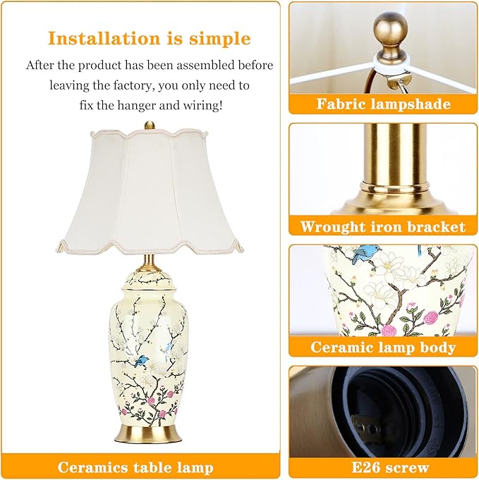 Flower Bird Ceramic Table Lamp, Rustic Vintage White 26.7" Tall Coastal Bedside lamp, Ceramic Lamp Body with Fabric Tapered Drum Shade for Living Room Bedroom House Bedside Nightstand Home - Bloomnest