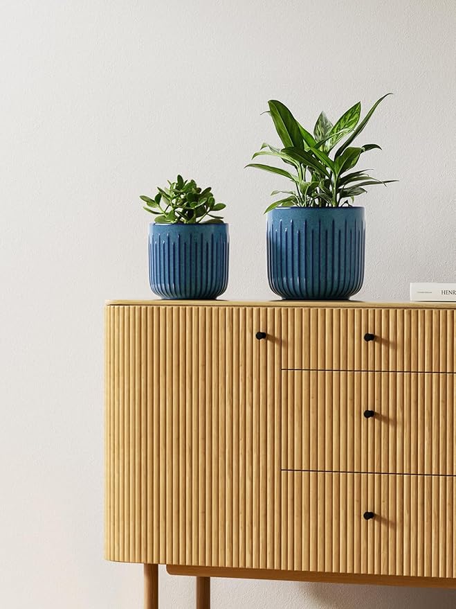 LE TAUCI Fluted Ceramic Planters Set of 3 – 8.3/7 / 5.7 in Ocean Blue Reactive Cylinder Indoor Plant Pots with Drainage Plug & Mesh, Glossy Stoneware Flower Pots for Succulents Herbs - Bloomnest