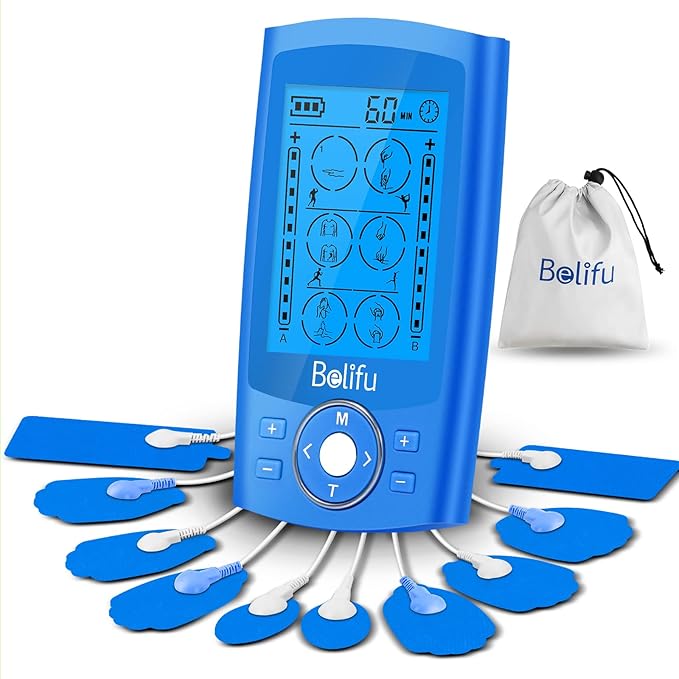 Belifu Dual Channel TENS EMS Unit 24 Modes Muscle Stimulator for Pain Relief Therapy, Electronic Pulse Massager Muscle Massager with 10 Pads, Dust-Proof Drawstring Storage Bag, Fastening Cable Ties Belifu