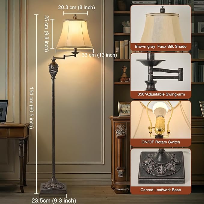 Traditional LED Floor Lamp with 350° Adjustable Swing Arm Lamp – Vintage Standing Pole lamp for Living Room, Bedroom and Office – Rustic Upright Floor Light for Home Décor with Faux Silk Fabric Shade - Bloomnest