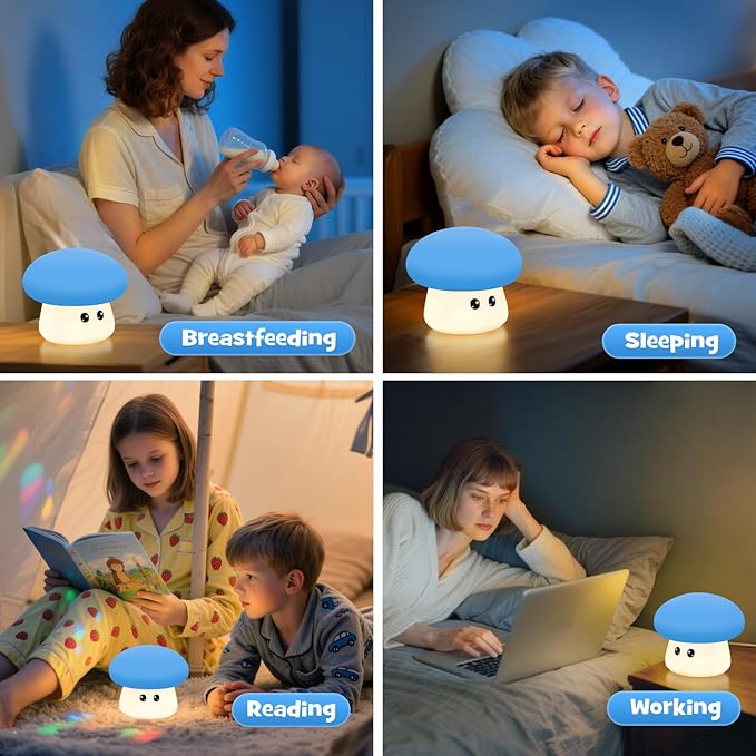 Squishy Big Eyes Mushroom Night Light with RGB Mode 3 Brightness Adjustable Nursery Breastfeeding Nightlight Cute LED Blue Mushroom Lamp Rechargeable Silicone Touch Bedside Lamp for Bedroom Dorm Decor - Bloomnest