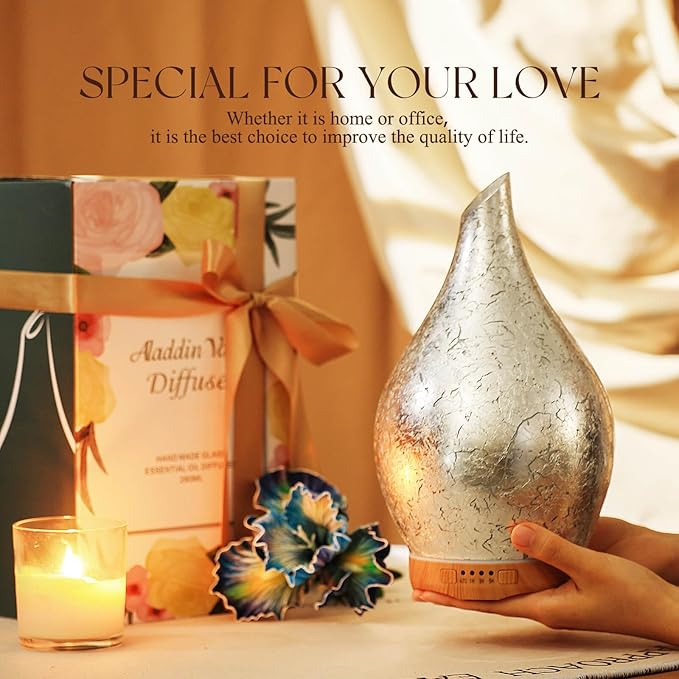 Porseme 280ml Essential Oil Diffuser, 3D Glass Aromatherapy Diffusor, Ultrasonic Cool Mist BPA Free Aroma Humidifier with Timer and Color Changing Function, Waterless Shut-Off for Home Office Room - Bloomnest
