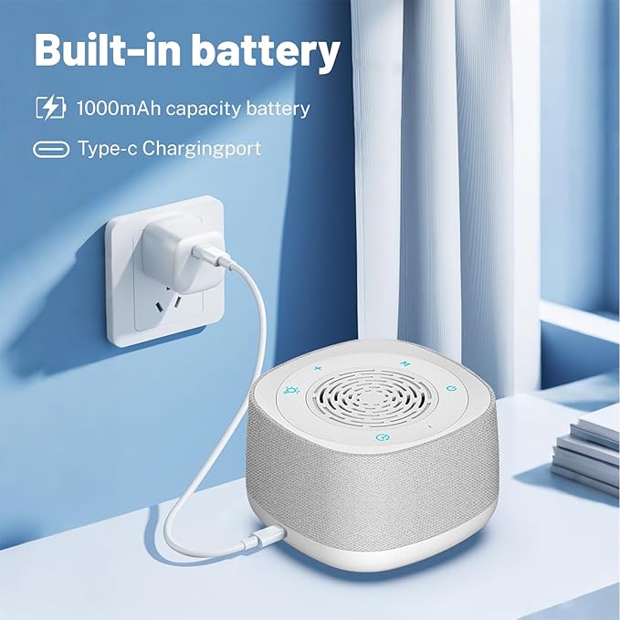 Sound Machine & Clock with Bluetooth 5.4, 14 Soothing White Noise Sounds, Night Light, Sleep Timer, 1000mAh Portable Rechargeable Sound Machine for Adults, Home, Travel, Office (White, Standard Size) - Bloomnest