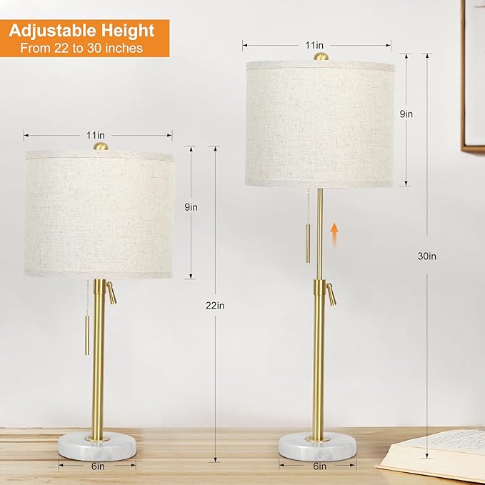 Table Lamp Set of 2: 22" to 30" Height Adjustable Pull Chain Switch for Living Room Bedroom End Table, Marble Base Beige Linen Shade Gold Nightstand Lamp for Office, Bedside Table (Gold, Beige Shade) - Bloomnest
