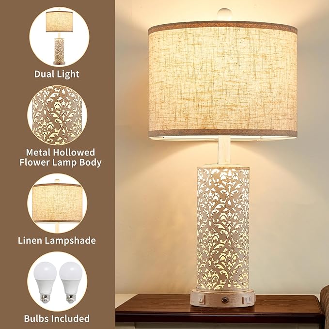 26" Set of 2 Farmhouse Table Lamp, 3-Way Dimmable Touch Control with Nightlight, 2 USB Ports + AC Outlet Vintage Rustic Bedside Lamp for Living Room Bedroom and Nightstand (White-2 Pack) - Bloomnest