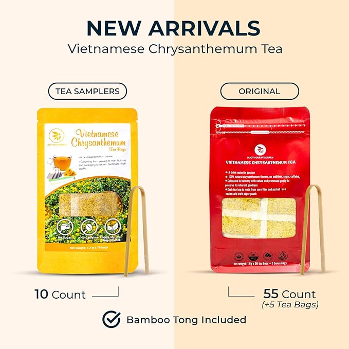 Vietnamese Chrysanthemum Tea Samplers - 10 Count + Bamboo Tong, No Sugar Added, No Caffeine, Re-Steep Chrysanthemum Floral Scent Herbal Tea for Detox, Refreshing, Relax - Bloomnest