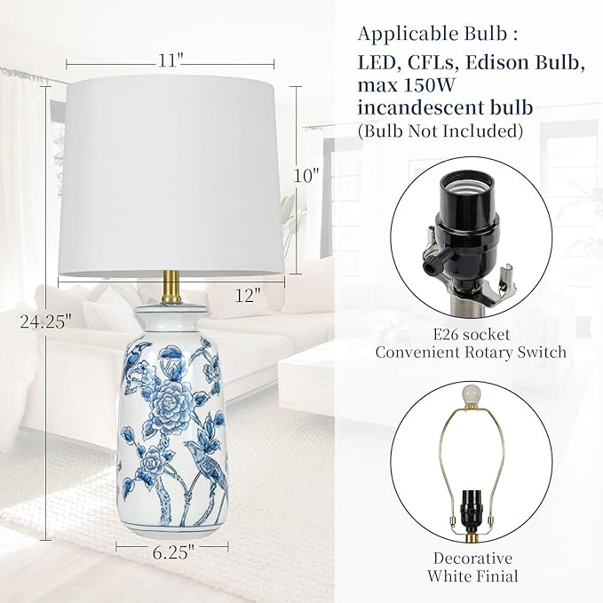 24.25" Blue Ceramic Table Lamp for Living Room, Classic Blue and White Lamp for End Table, Blue Birds and Flowers Lamps, Traditional China Nightstand Lamp for Bedroom - Bloomnest
