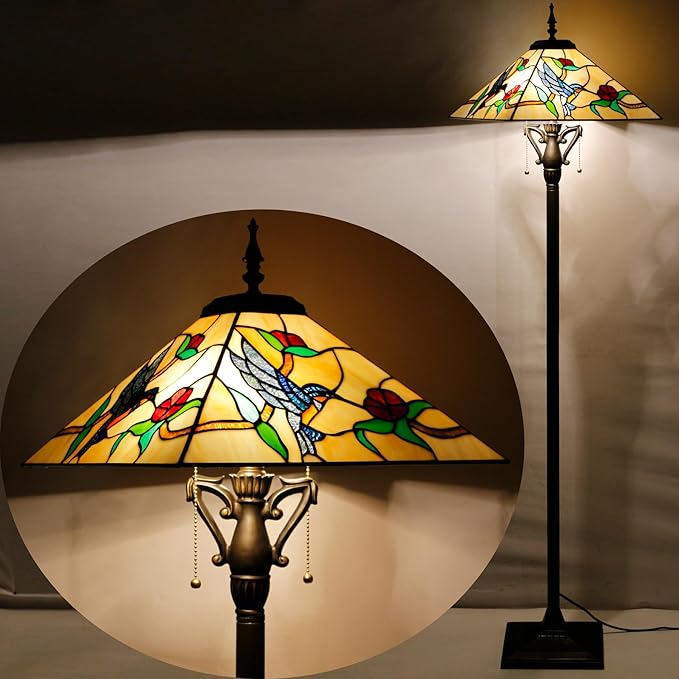 Tiffany Floor Lamp Amber Hummingbird Mission Style Stained Glass Standing Reading Light 16X16X64 Inch - Bloomnest