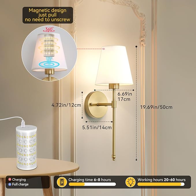 Wireless Wall Sconces Set of Two Battery Operated, Rechargeable Wall Lamp with 10000 mAh Dimmable Bulb & Remote, 10 Colors Wall Lights for Bedroom Living Room Hallway Wall Decor - Bloomnest