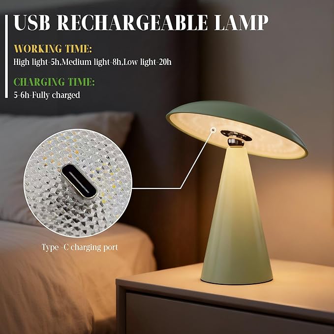 Mushroom Aesthetic Cute Lamp,Magnetic Mid Century Modern Lamp with 3-Mode Lighting for Unique Home Mushroom Decor,Cordless USB-C Rechargeable Lamps for Bedside/Dorm/Office Decor(Avocado Green) - Bloomnest
