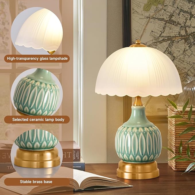 Table Lamps for Bedroom Vintage Golden Table Lamps for Bedroom Ceramic Retro Lamp for Living Room,16" Modern Bedside Nightstand Traditional Lamps, Classic Chinoiserie Green Glass Lamp for Home Decor - Bloomnest