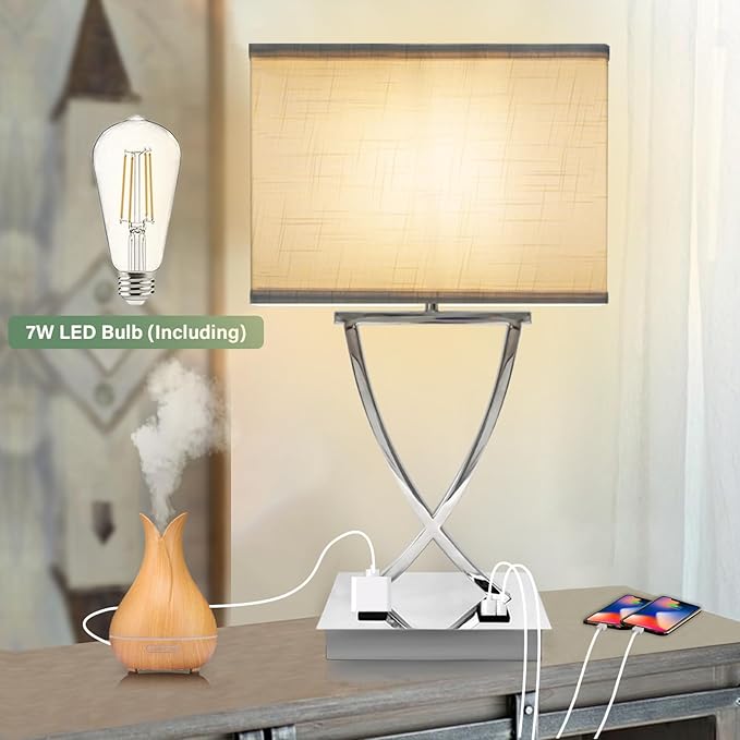 21.38" Table Lamp for Bedroom Living Room 3-Way Dimmable Touch Control Medium Chrome Bedside lamp with USB A+C Ports，Nightstand Lamp with White Linen Shade Bulb Included (White-Chrome) - Bloomnest
