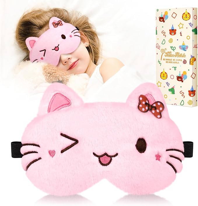 Sleep Mask for Kids - Cute Cartoon Plush Fuffy Sleeping Eye Cover Cat Kawaii Soft Eyeshade with Adjustable Strap Animal Eye Blindfold for Kids Girls Boys Teens - Bloomnest