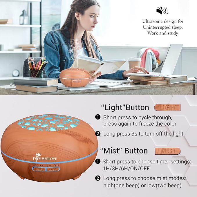 Diffuserlove Essential Oil Diffuser 550ML Diffuser Remote Control Wood Grain Aroma Diffuser Cool Mist Humidifier with 4 Timer, 7 Color LED Lights, Auto Shut-Off for Home Bedroom Office - Bloomnest