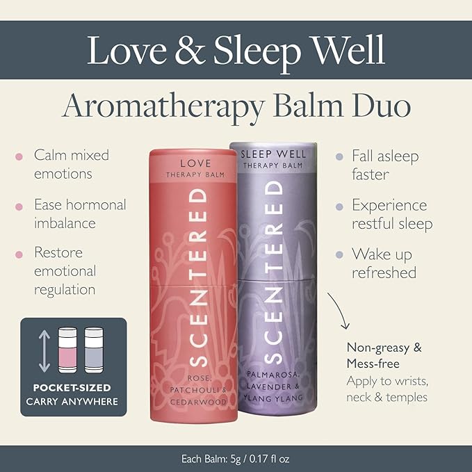 Scentered Aromatherapy Balm Stick Duo for Sleep & Emotional Balance - Roll On Essential Oil Blends of Rose, Lavender, Ylang Ylang - Aromatherapy Gifts for Women - Sleep Well & Love - Bloomnest