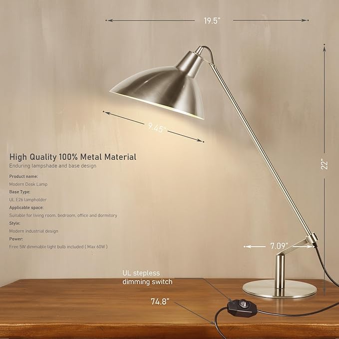 Desk Lamp Modern Industrial 100% Metal Table Lamp 22", Soft White Light (3000K) with Adjustable Switch, Ideal for Office Bedroom Study Room Living Room Nightstand Bedside Lamps Nickel - Bloomnest