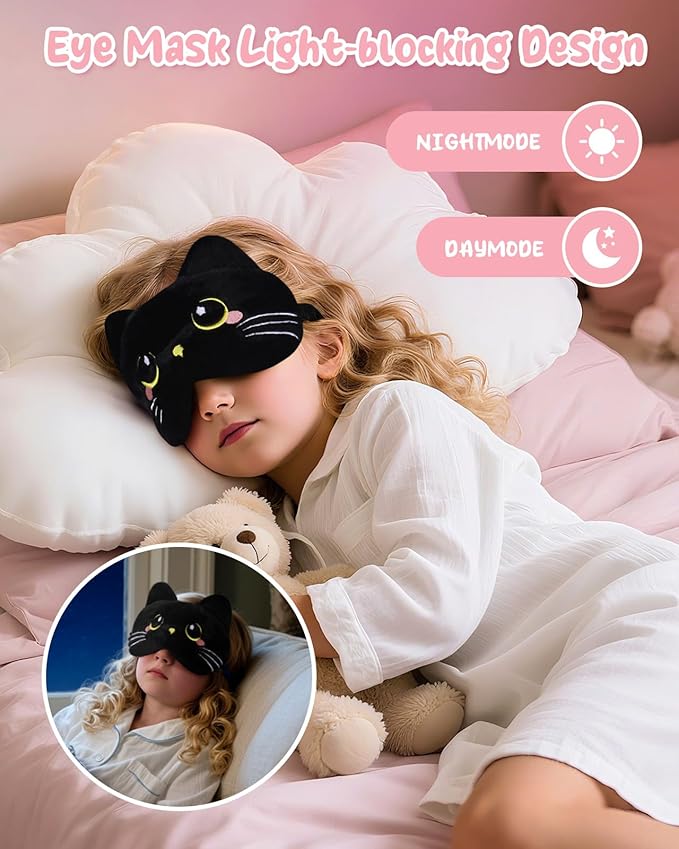 Sleep Mask for Kids - Cute Cartoon Plush Fuffy Sleeping Eye Cover Black Cat Kawaii Soft Eyeshade with Adjustable Strap Animal Eye Blindfold for Kids Girls Boys Teens - Bloomnest
