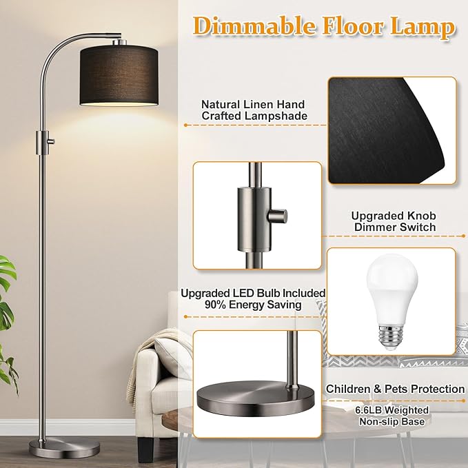 【Upgraded】 Dimmable Floor Lamp, 1200 Lumens LED Bulb Included, Brushed Nickel Arc Floor Lamps for Living Room Modern Standing Lamp with Black Shade, Tall Lamp for Living Room Bedroom Office Office - Bloomnest