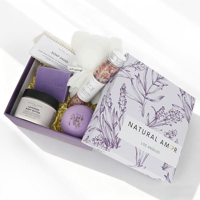 Natural Amor Lavender Spa Gift Set 6 PCs– Handmade Self-Care Box with Body Butter, Bath Bomb, Soap, Bath Salt, and More – Relaxing Lavender Gift for Women - Bloomnest