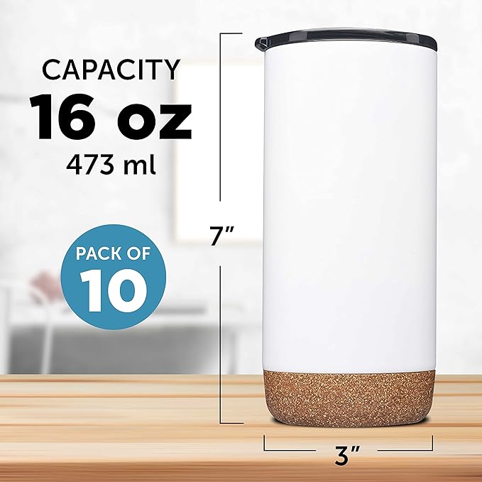 DISCOUNT PROMOS Travel Tumblers with Cork Bottom 16 oz. Set of 10, Bulk Pack - Double Wall Insulated, Matte Finish, Perfect for Iced Coffee, Soda, Other Beverages - White - Bloomnest