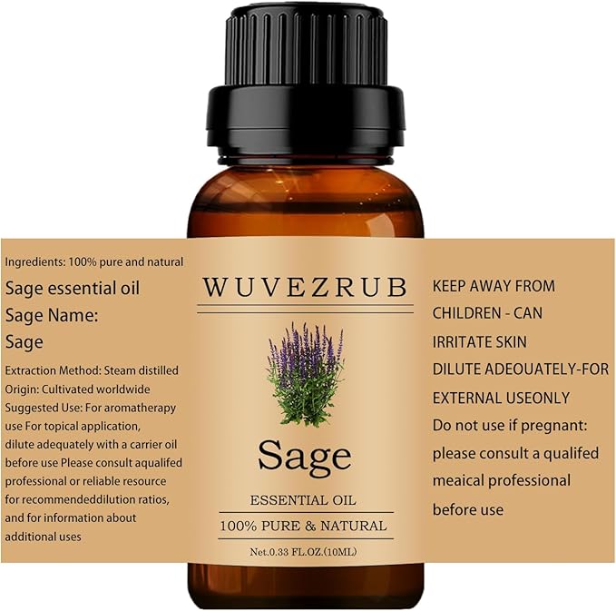 Sage Essential Oils 10ML, 100% Pure and Natural Essential Oil for Aromatherapy Diffuser - 0.33 Fl Oz/Sage WUVEZRUB