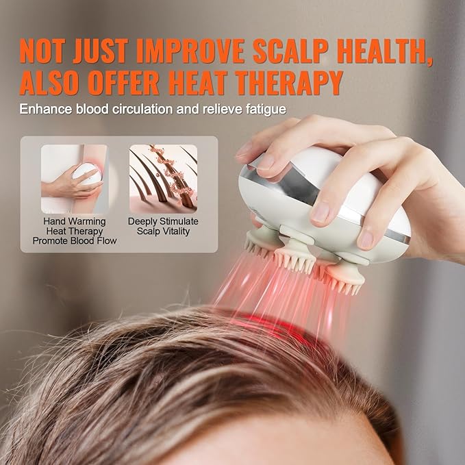 VEVOR Electric Scalp Massager with Heat, Rechargeable Heated Head Massager, IPX7 Waterproof | Portable Kneading Scalp Scratcher with 8 Removable Massage Head for Hair Growth, Deep Clean, Stress Relax VEVOR