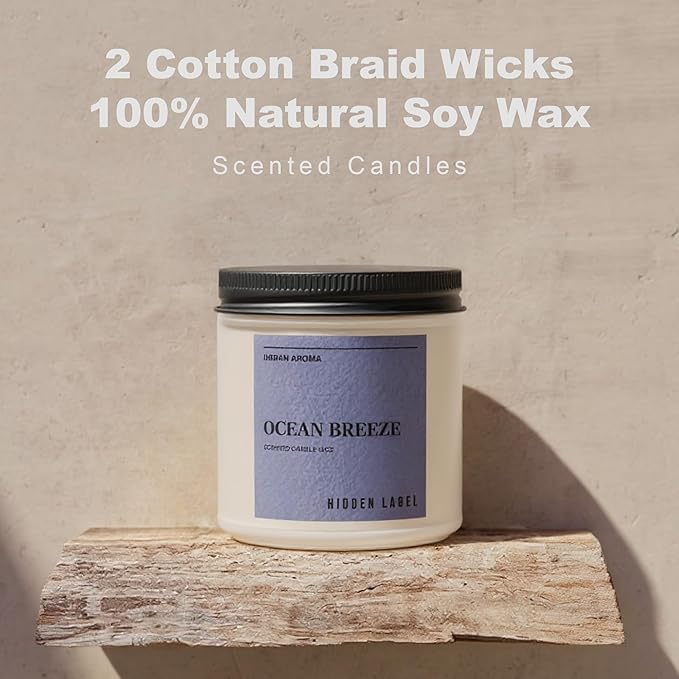 Hidden Label Ocean Breeze Scented Candle, 12oz 2 Wick Natural Soy Non Toxic Candles, Clean Burning Long Lasting Aromatherapy for Home | Gifts | Décor,Premium Scents for Relaxation & Stress Relief - Bloomnest