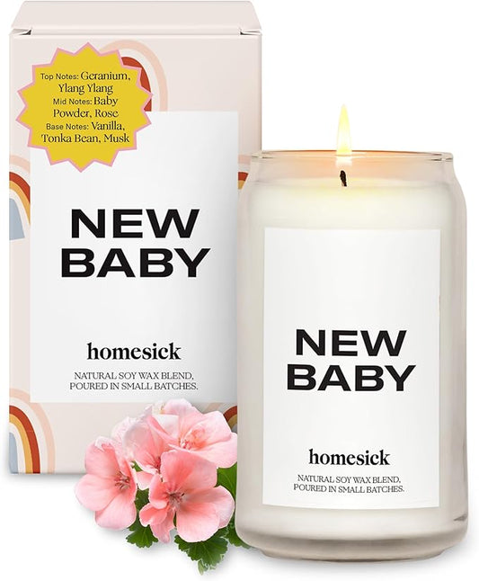 Homesick Scented Candles for Home (New Baby) - 13.75 oz Long-Lasting Natural Soy Wax Blend Jar Candle Gifts & Couples Baby Shower Favors, 60-80 Hours Burn Time - Notes of Geranium & Vanilla - Bloomnest
